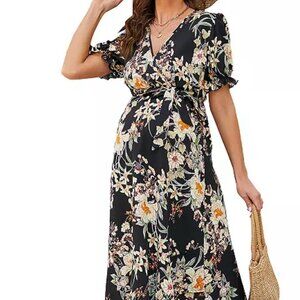 Women's Short Sleeve Maternity Dress Summer Floral V-neck Ruffle Maxi Dress